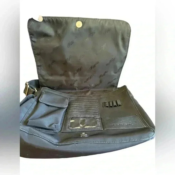 Fossil Leather Microfiber Black large Multi Pocket Shoulder Tote Messenger Bag - Picture 12 of 16